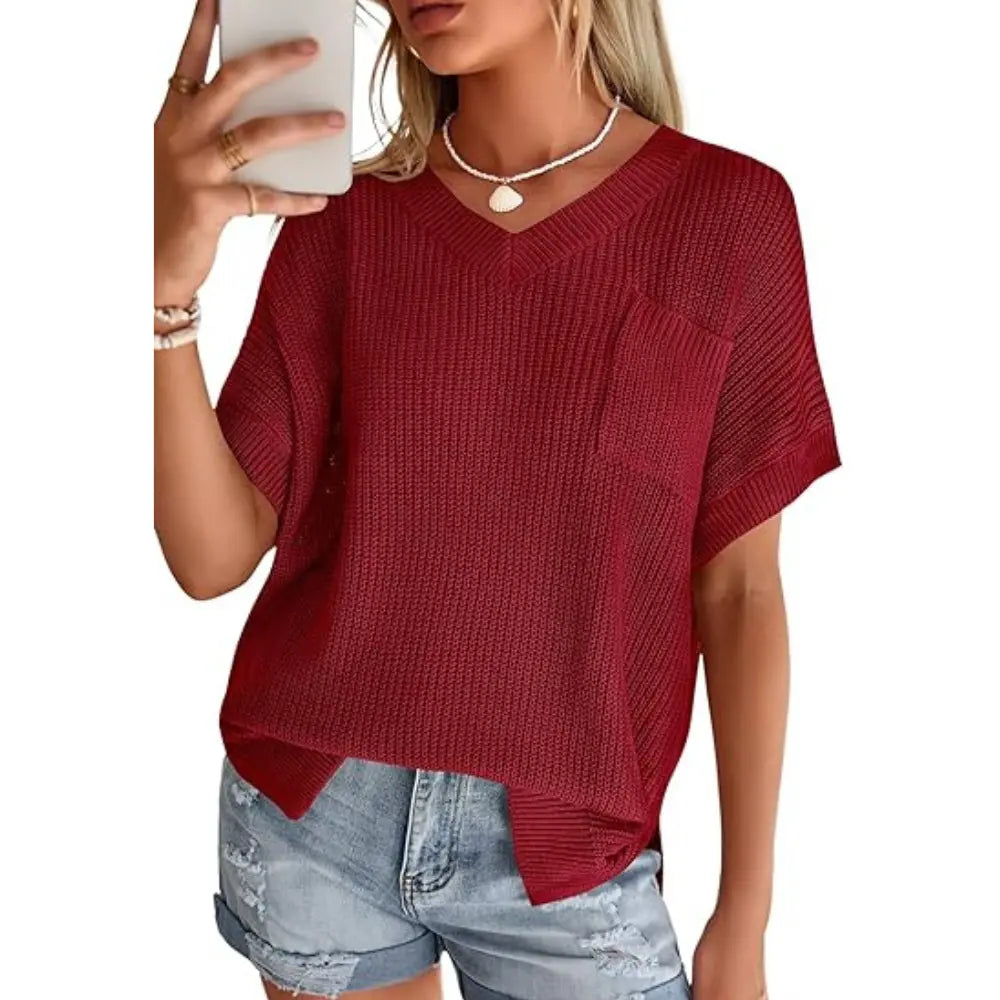 Women Loose V Neck Pocket Short Sleeve Knit Top