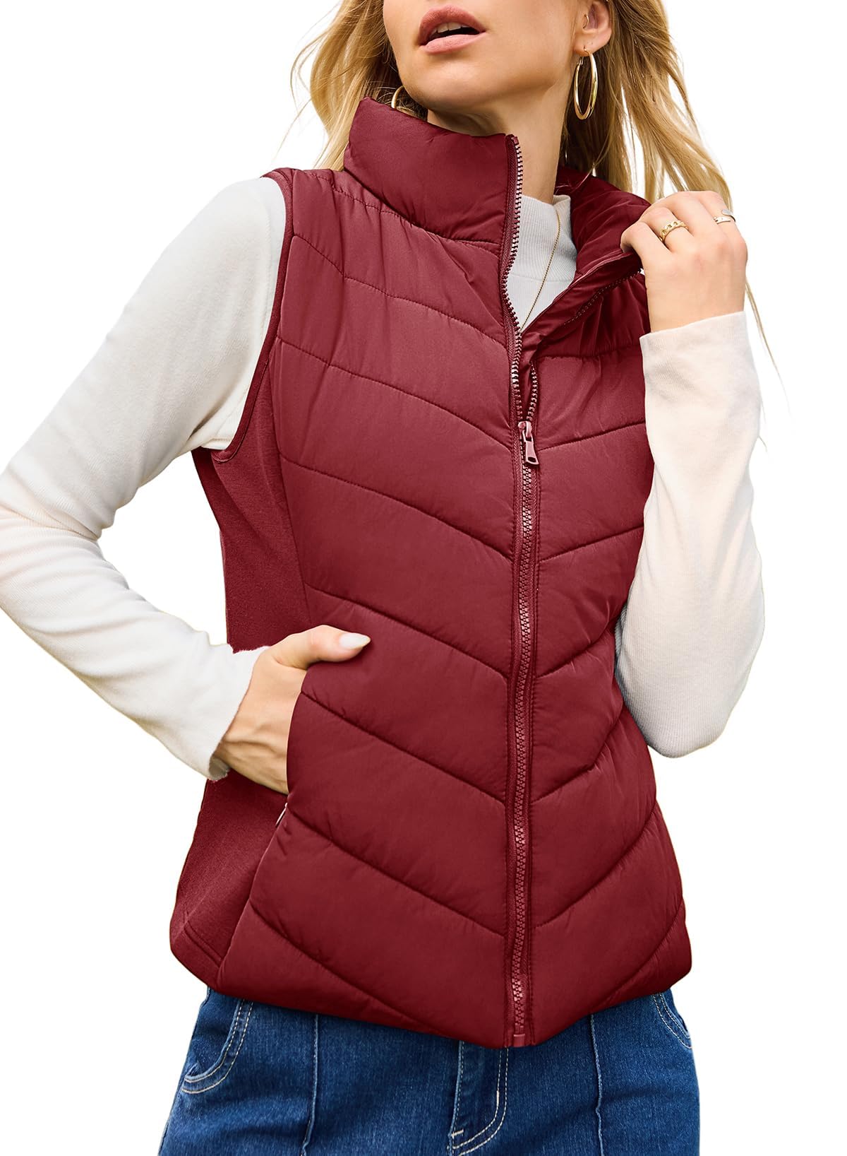 ✨Womens Sleeveless Zip Up Outerwear Stand Collar Quilted Puffer Vest