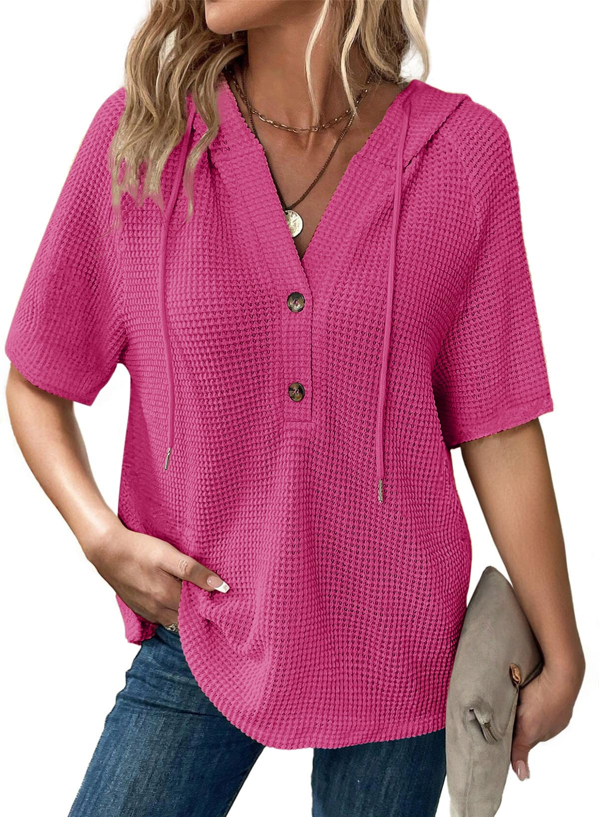 ✨Women's Waffle Knit Button V Neck Short Sleeve Lightweight Drawstring Hoodies
