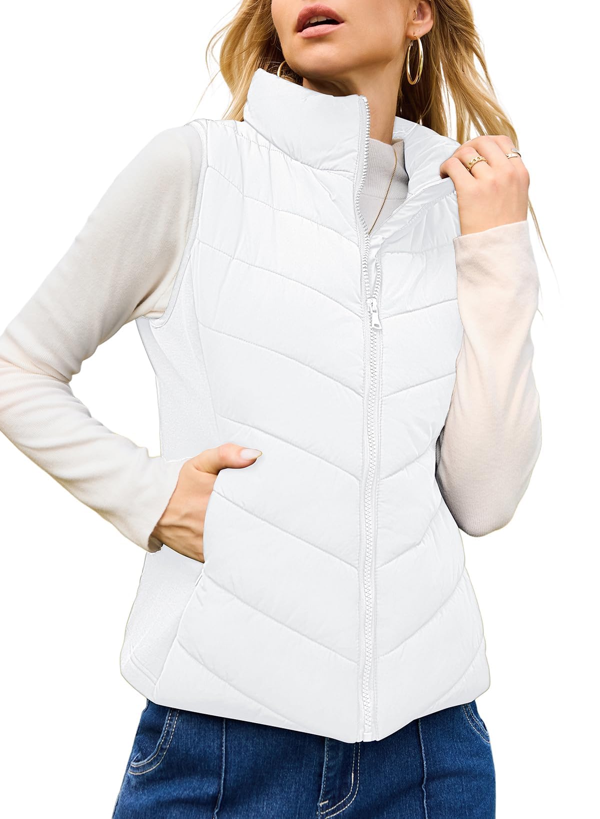 ✨Womens Sleeveless Zip Up Outerwear Stand Collar Quilted Puffer Vest