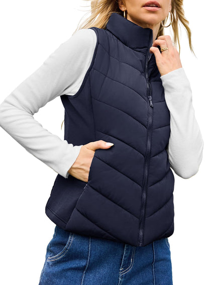✨Womens Sleeveless Zip Up Outerwear Stand Collar Quilted Puffer Vest