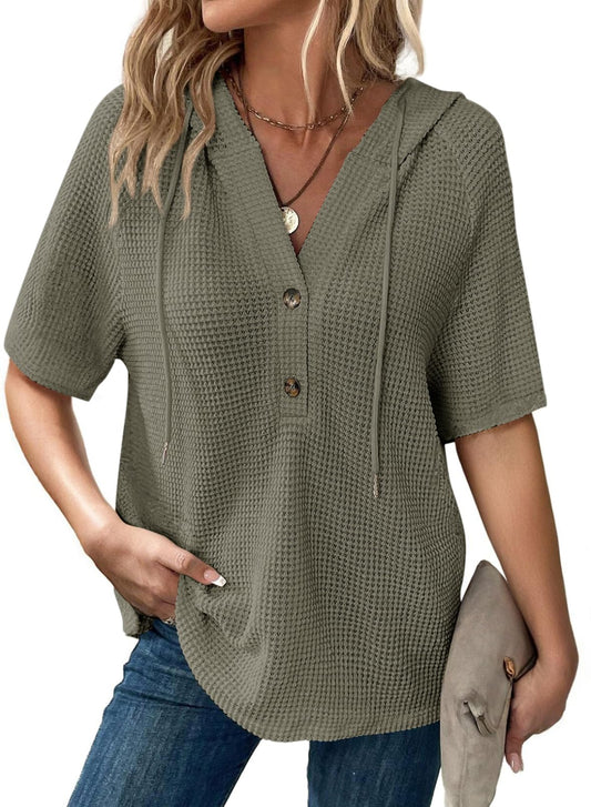 ✨Women's Waffle Knit Button V Neck Short Sleeve Lightweight Drawstring Hoodies