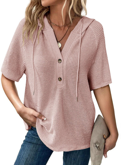 ✨Women's Waffle Knit Button V Neck Short Sleeve Lightweight Drawstring Hoodies