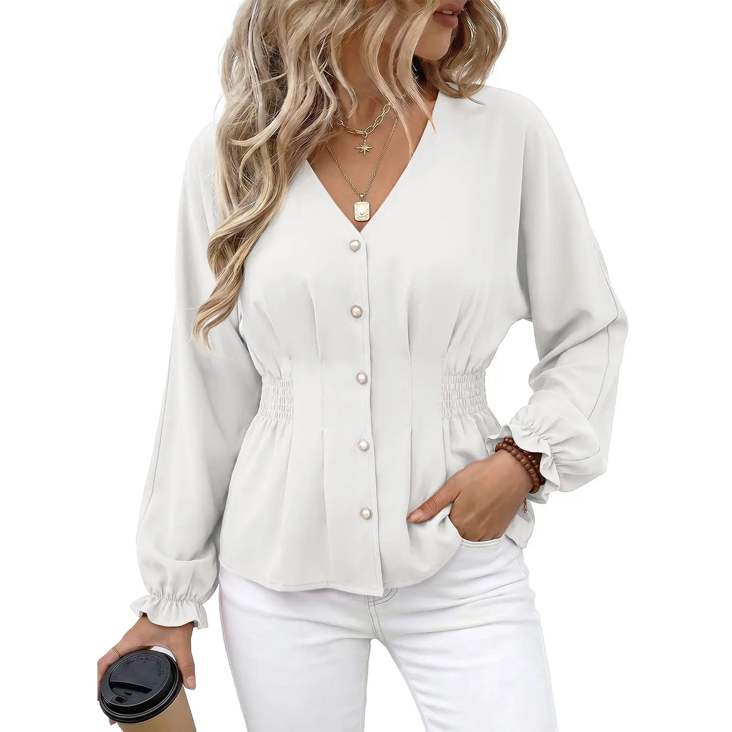 Women V Neck Smocked Waist Button Down Long Sleeve Blouse