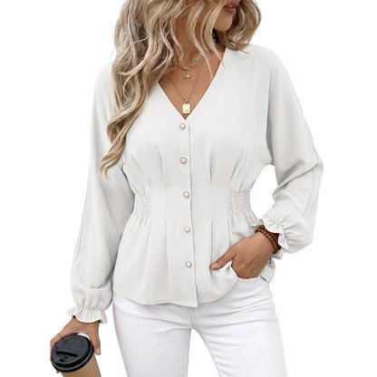 Women V Neck Smocked Waist Button Down Long Sleeve Blouse