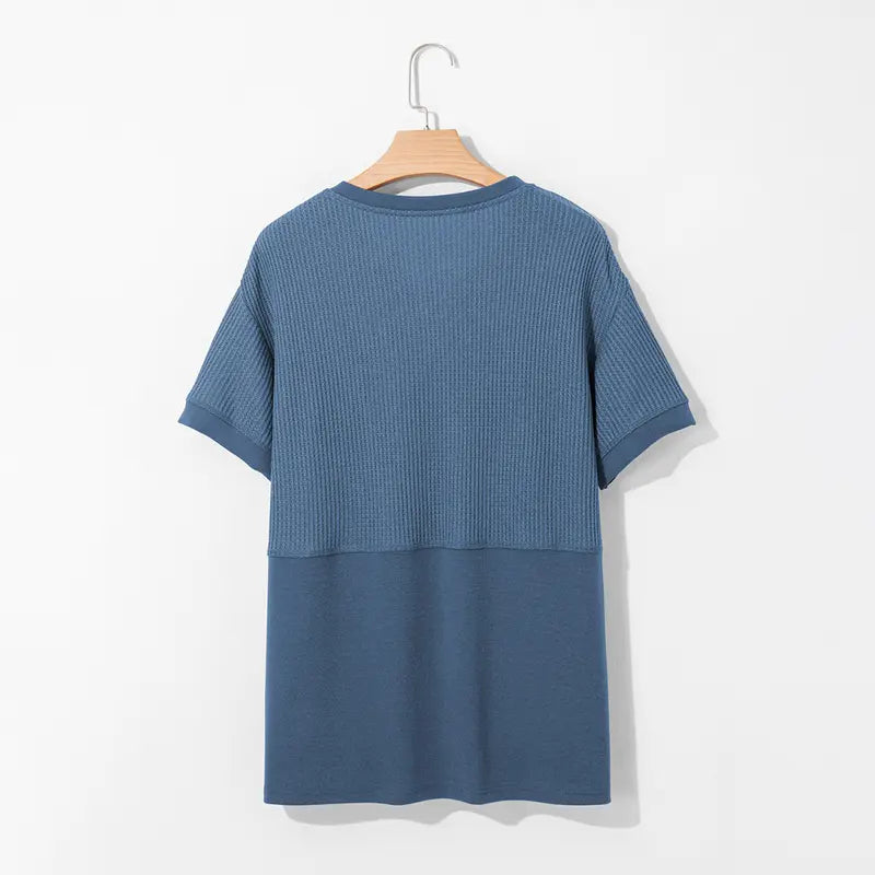 Women's Waffle Knit Casual V-Neck Short Sleeve Loose Fit Shirt