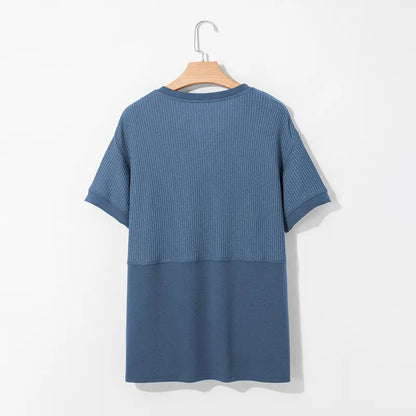 Women's Waffle Knit Casual V-Neck Short Sleeve Loose Fit Shirt
