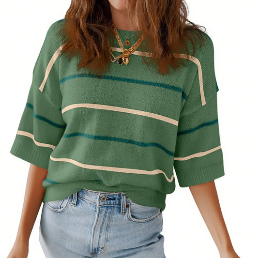 Women's Striped Knit Round Neck Shortsleeve Baggy Pullover 100% Cotton