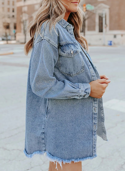 ⏰Hot Sale-Women's Casual Denim Button Down Distressed Jacket