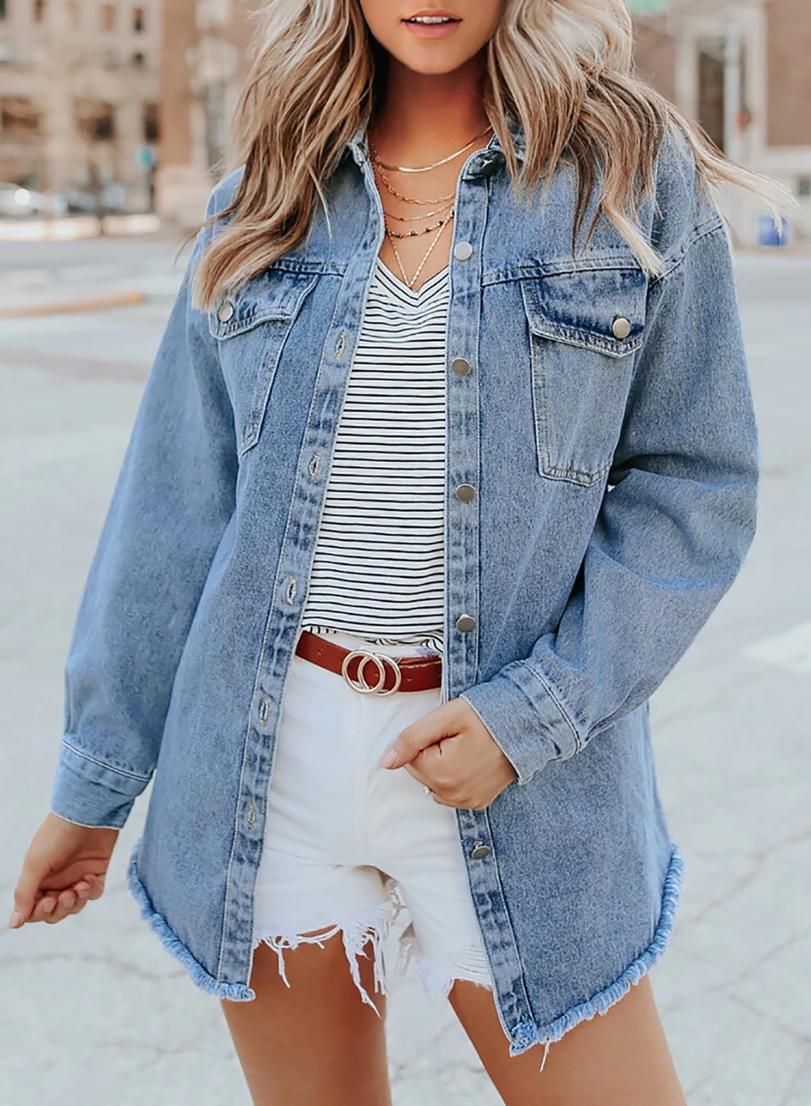 ⏰Hot Sale-Women's Casual Denim Button Down Distressed Jacket