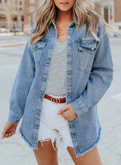 ⏰Hot Sale-Women's Casual Denim Button Down Distressed Jacket