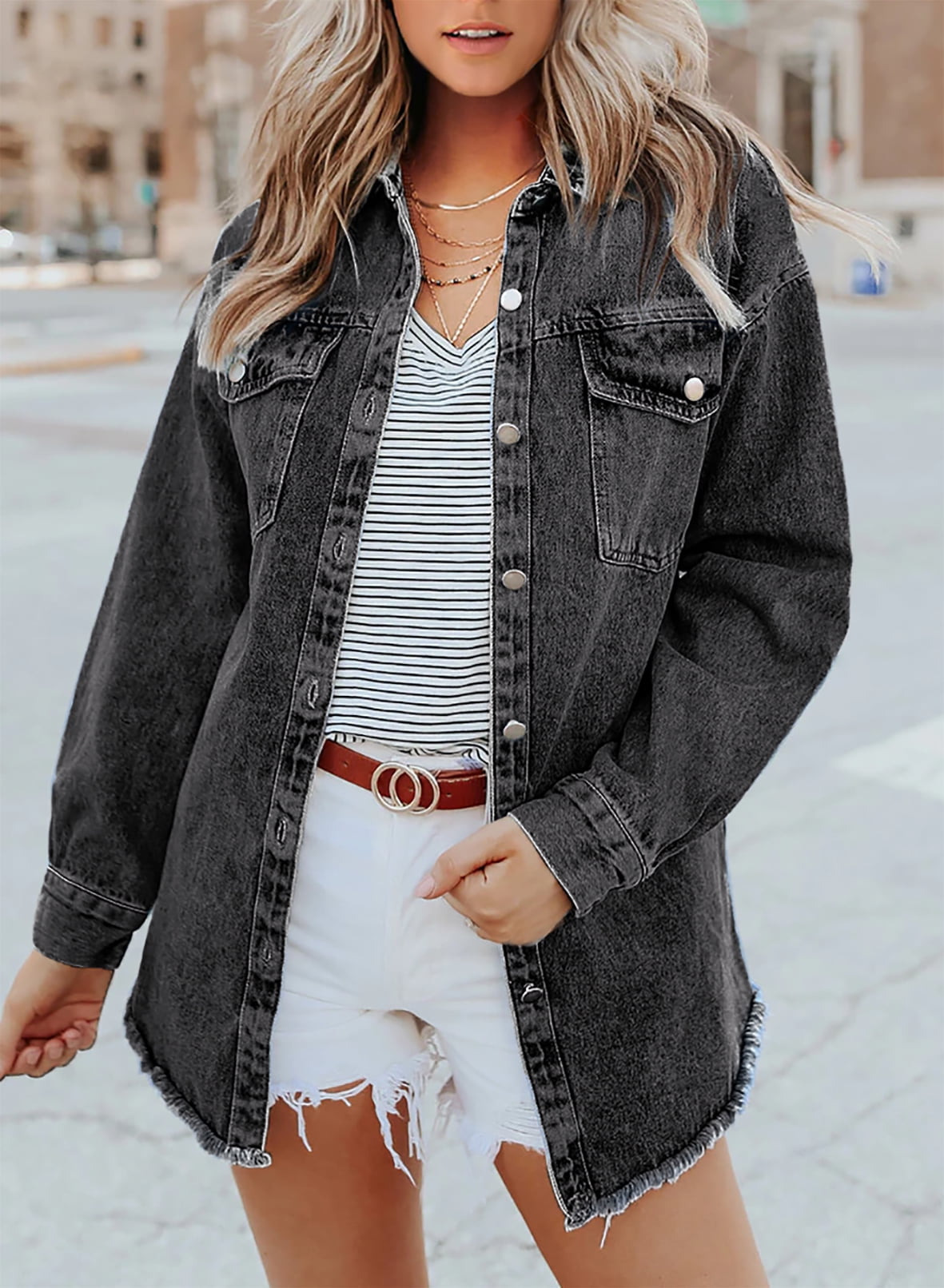 ⏰Hot Sale-Women's Casual Denim Button Down Distressed Jacket