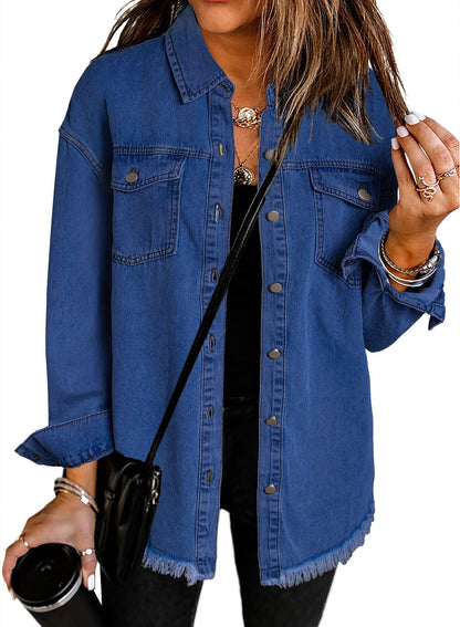 ⏰Hot Sale-Women's Casual Denim Button Down Distressed Jacket