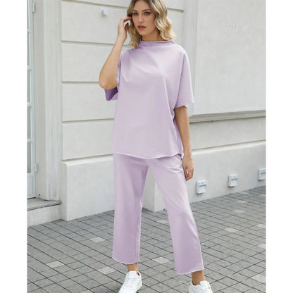 Womens Casual Two Piece Outfits 3/4 Batwing Sleeve Crew Neck Top Wide Leg Pants