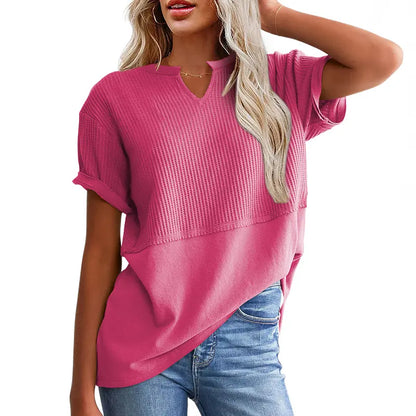 Women's Waffle Knit Casual V-Neck Short Sleeve Loose Fit Shirt