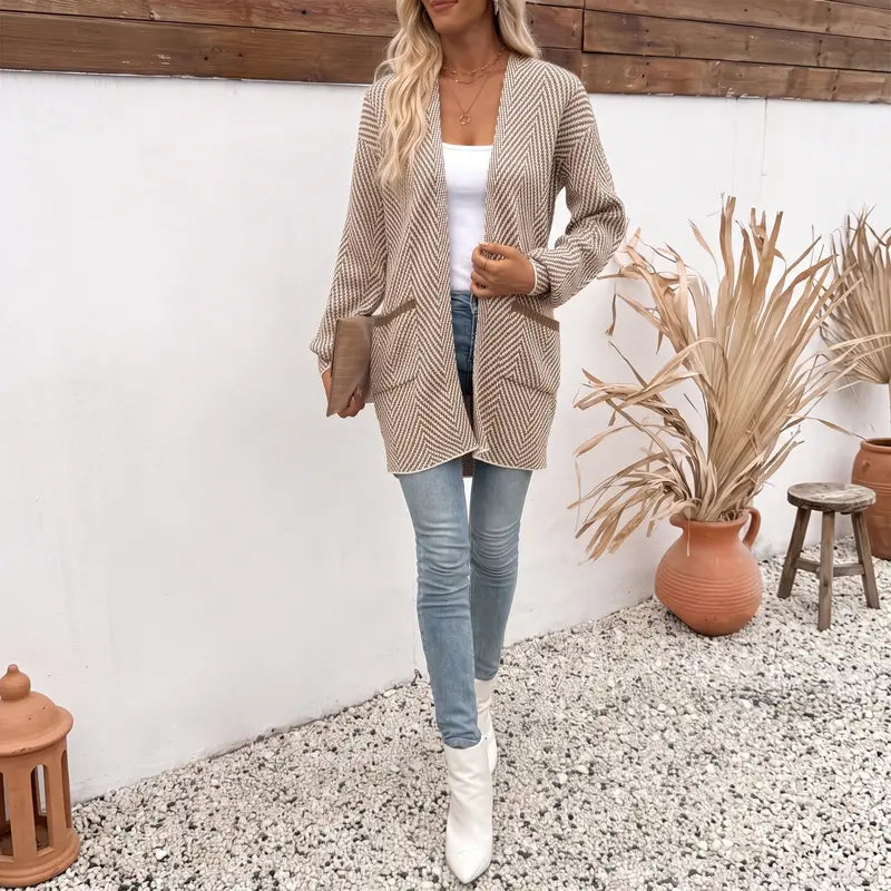 Women's Open Front Herringbone Cardigan Sweaters