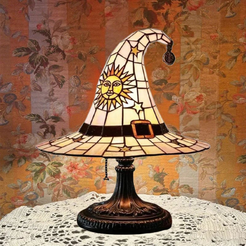 🔮 Stained Glass Style Witch Hat Resin Night Light | Vintage Fantasy Bedroom Lamp