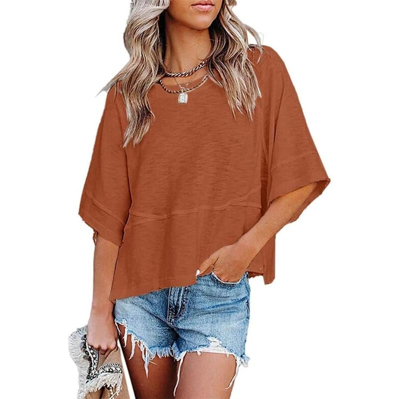 Summer 2026 Best Sellers Women's Summer Casual Crewneck Batwing Half Sleeve T-Shirts Solid Color Loose Fit Cute Basic Flowy Tops Tees Blouses