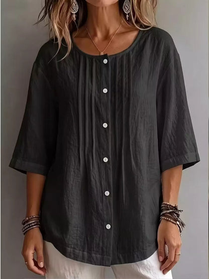 Women's Full Size Cotton Linen Texture Round Neck 3/4 Sleeve Blouse