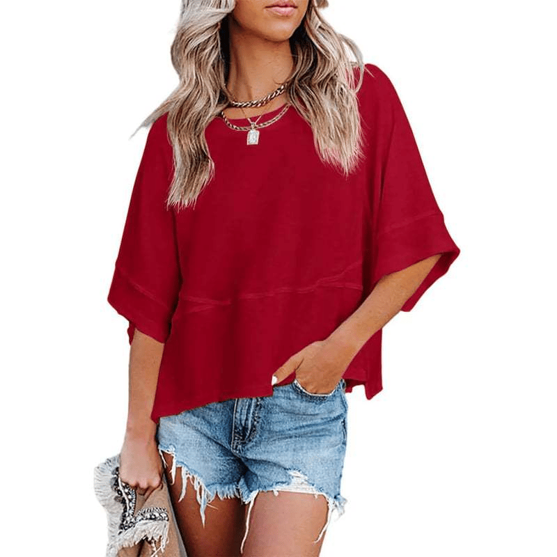 Summer 2026 Best Sellers Women's Summer Casual Crewneck Batwing Half Sleeve T-Shirts Solid Color Loose Fit Cute Basic Flowy Tops Tees Blouses