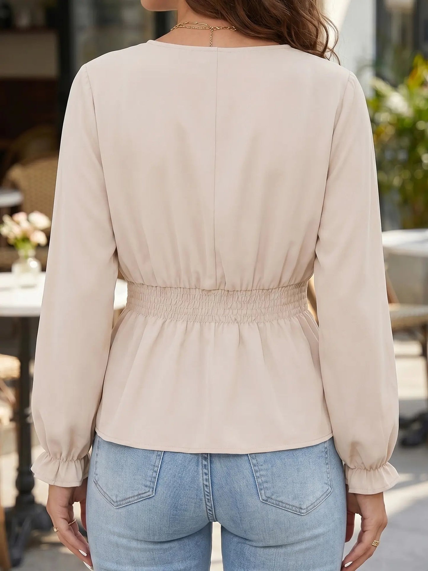 Women's Fitted V Neck Tops Button Long Sleeve Solid Color Blouse 2026 Womenswear Deals For You Days summer outfits,back to school,back to school shopping