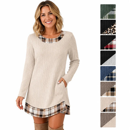 Fashion Fall Dresses for Women 2026 Long Sleeve Sweater Dress Color Block | Side Pockets, Ribbed, Lightweight, Winter Clothing, Loose Fit