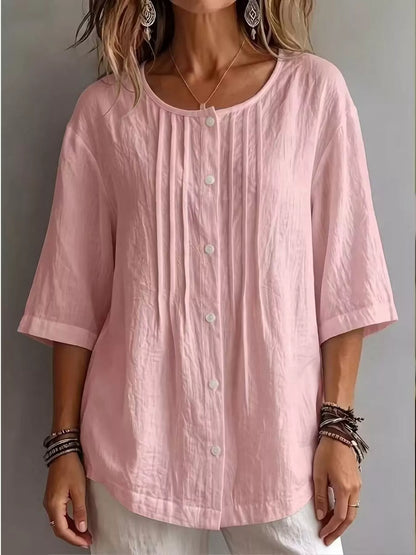 Women's Full Size Cotton Linen Texture Round Neck 3/4 Sleeve Blouse
