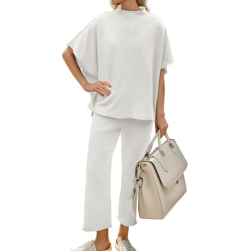 Womens Casual Two Piece Outfits 3/4 Batwing Sleeve Crew Neck Top Wide Leg Pants