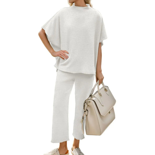Womens Casual Two Piece Outfits 3/4 Batwing Sleeve Crew Neck Top Wide Leg Pants