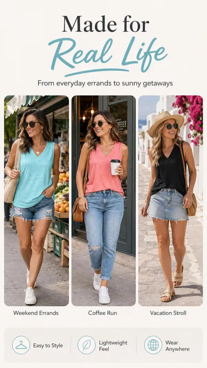 Women Summer Sleeveless V Neck Tank Top, Slimming Loose Fit Casual Tee for Daily☀️
