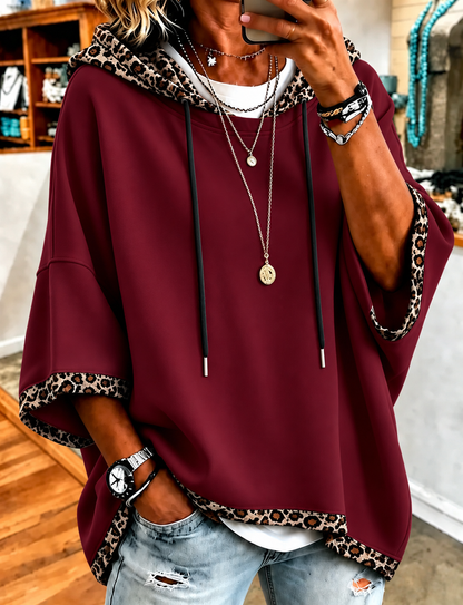 Women 3/4 Bell Sleeve Leopard Trim Hooded Top