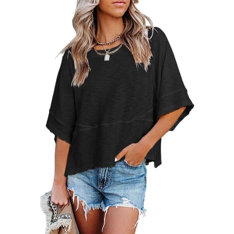 Summer 2026 Best Sellers Women's Summer Casual Crewneck Batwing Half Sleeve T-Shirts Solid Color Loose Fit Cute Basic Flowy Tops Tees Blouses