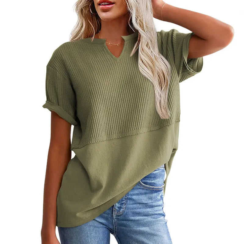 Women's Waffle Knit Casual V-Neck Short Sleeve Loose Fit Shirt