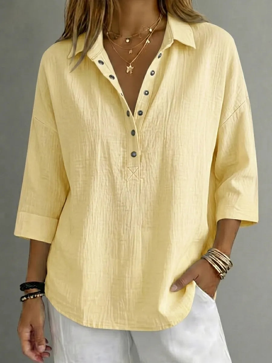 Women's Casual Cottonn Linen Henley 3/4 Sleeve Shirt