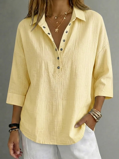 Women's Casual Cottonn Linen Henley 3/4 Sleeve Shirt