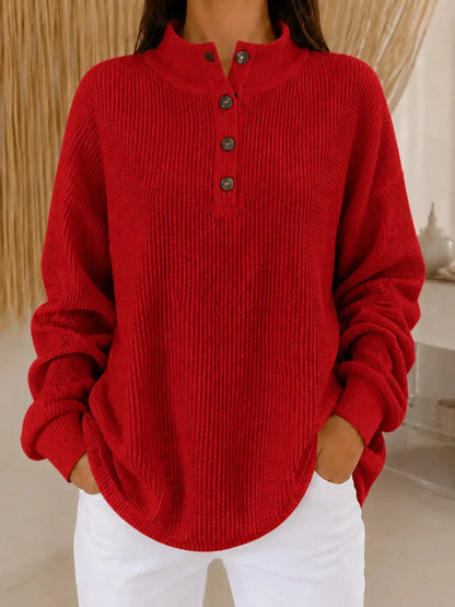 Women’s Waffle Knit Button Neck Pullover