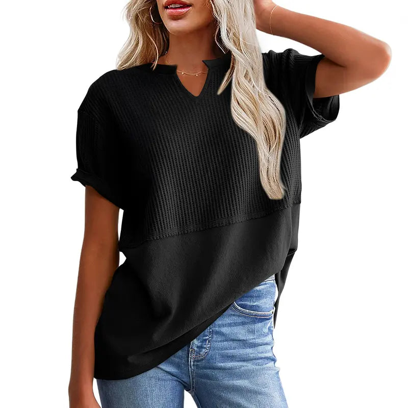Women's Waffle Knit Casual V-Neck Short Sleeve Loose Fit Shirt