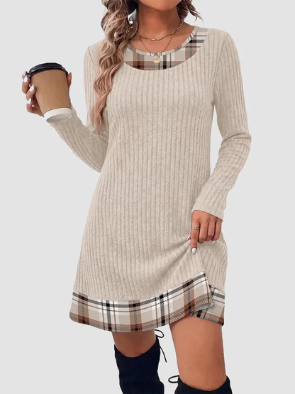✨Women Fall Long Sleeve Mini Dress, Plaid Color Block Trim