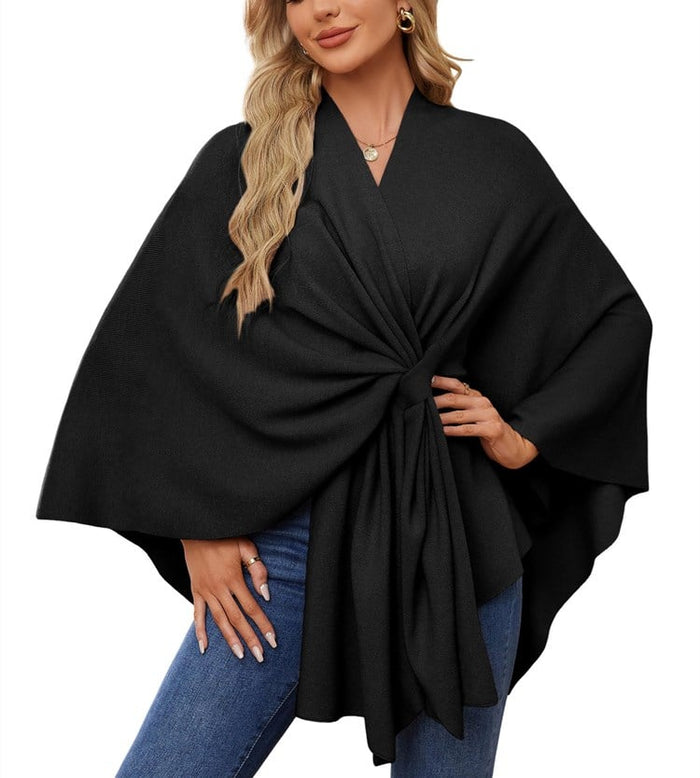 Black elegant soft knit poncho wrap