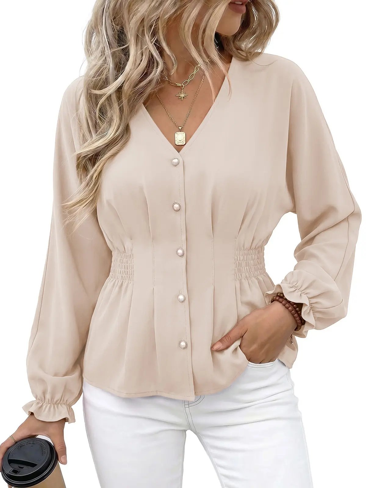 Beige blouse front view