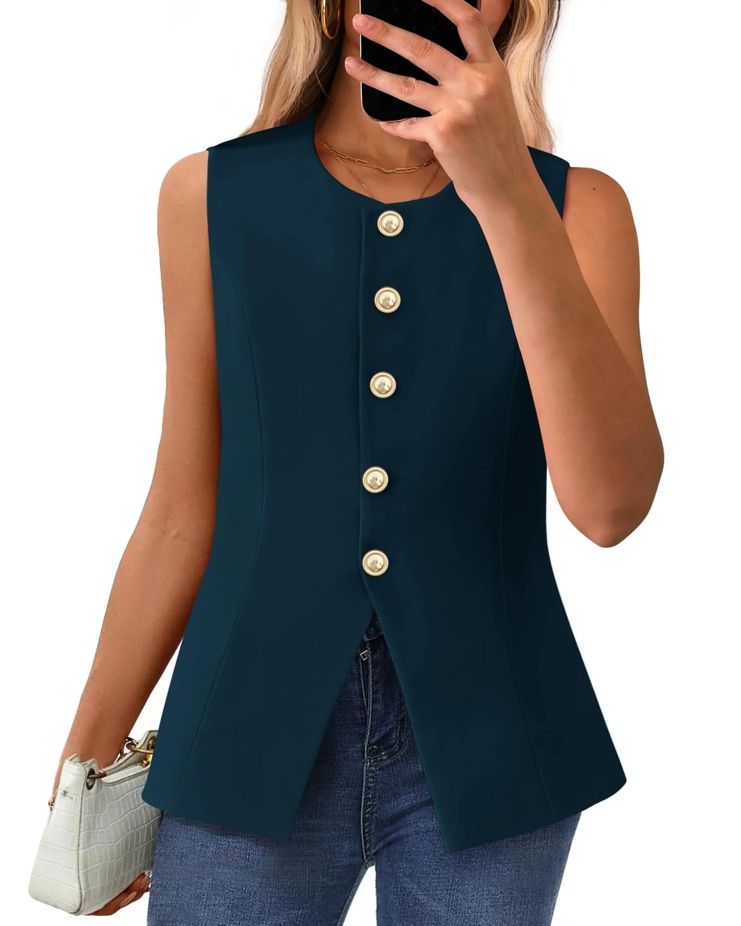 Women's Dressy Button Down Round Neck Sleeveless Blazer Vest