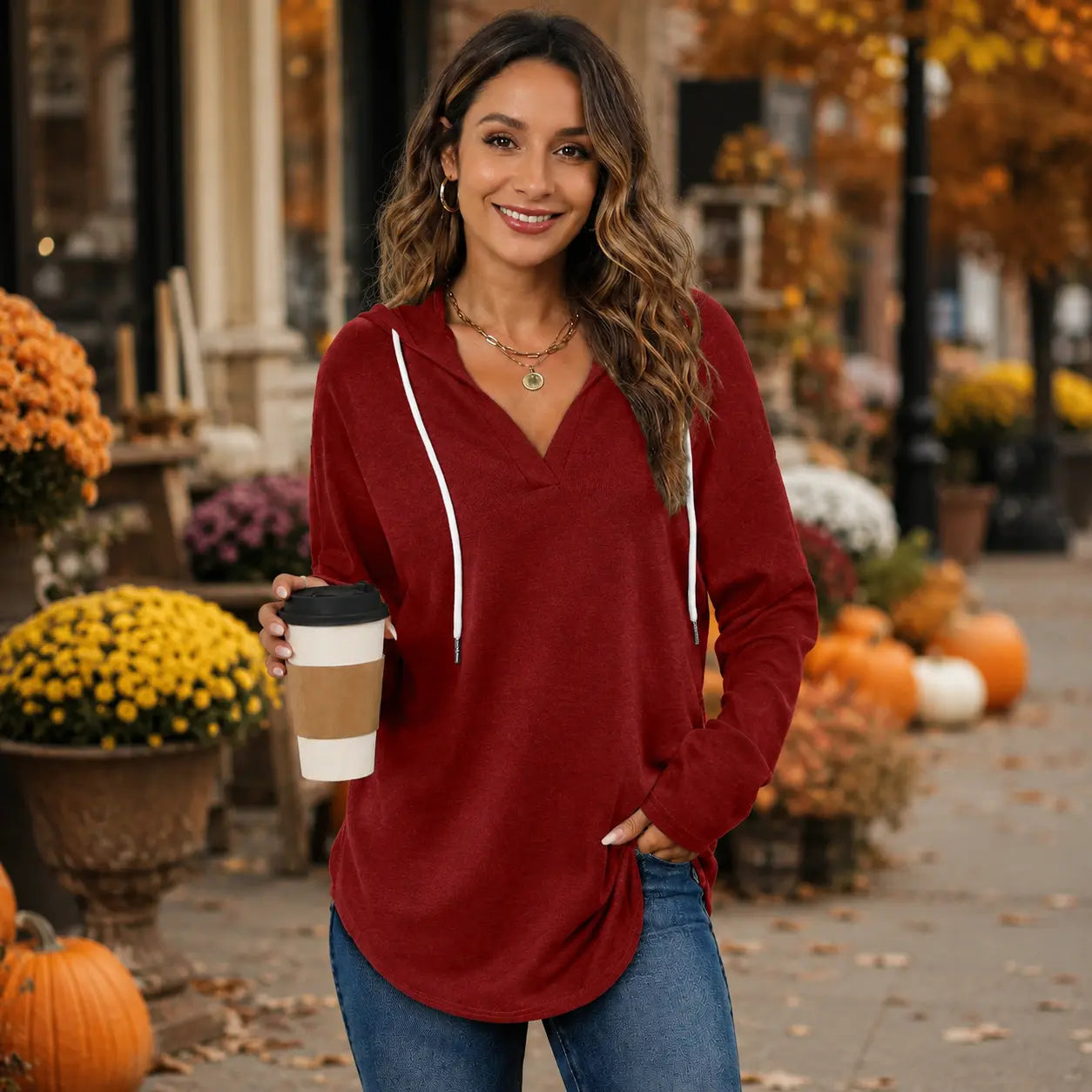 Wine red hooded pullover lifestyle