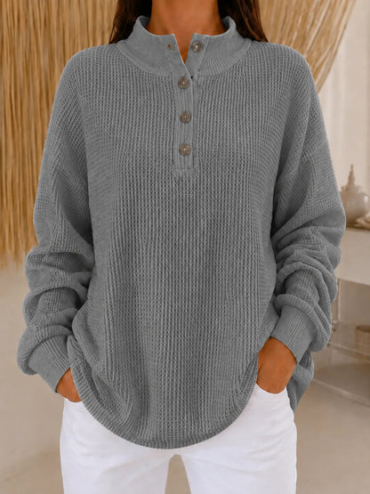 Women’s Waffle Knit Button Neck Pullover