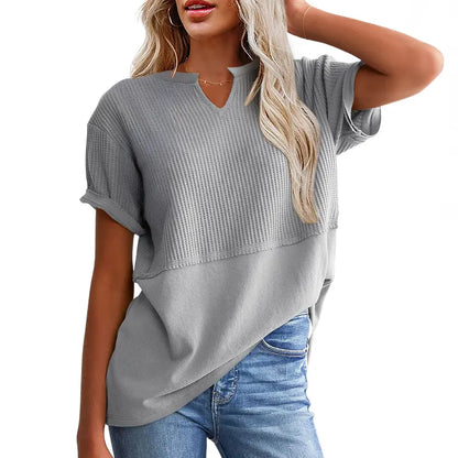 Women's Waffle Knit Casual V-Neck Short Sleeve Loose Fit Shirt