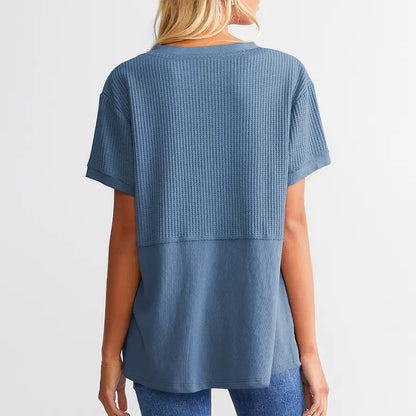 Women's Waffle Knit Casual V-Neck Short Sleeve Loose Fit Shirt