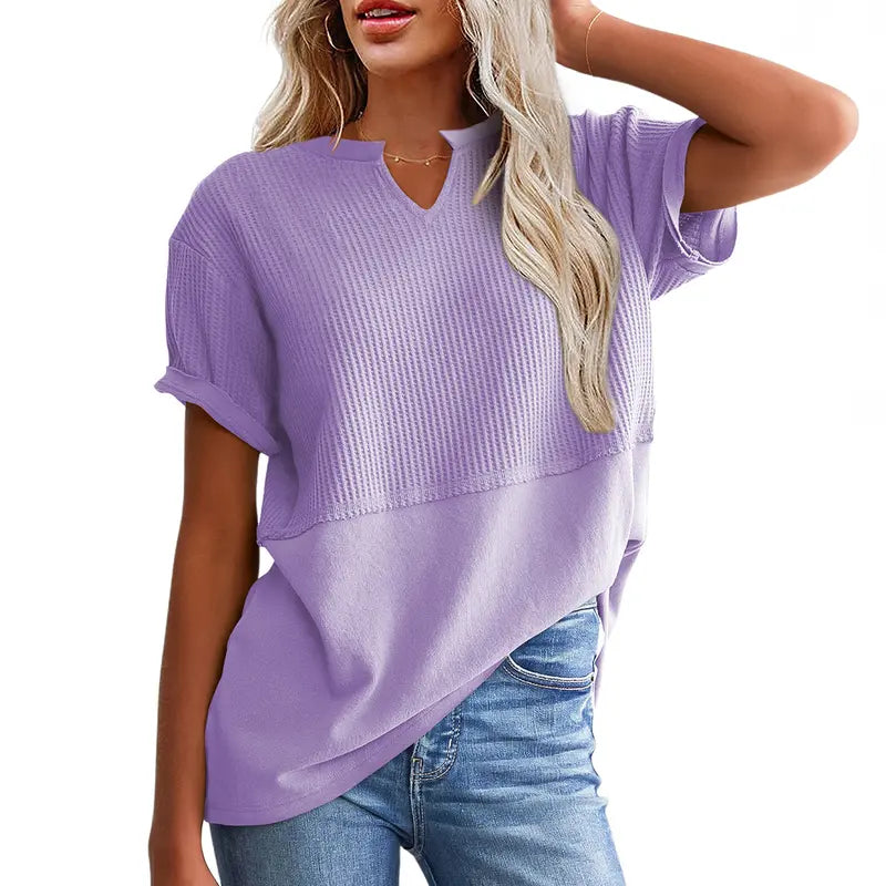 Women's Waffle Knit Casual V-Neck Short Sleeve Loose Fit Shirt