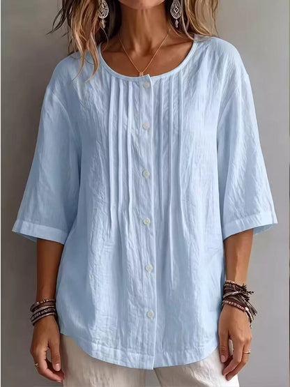 Women's Full Size Cotton Linen Texture Round Neck 3/4 Sleeve Blouse