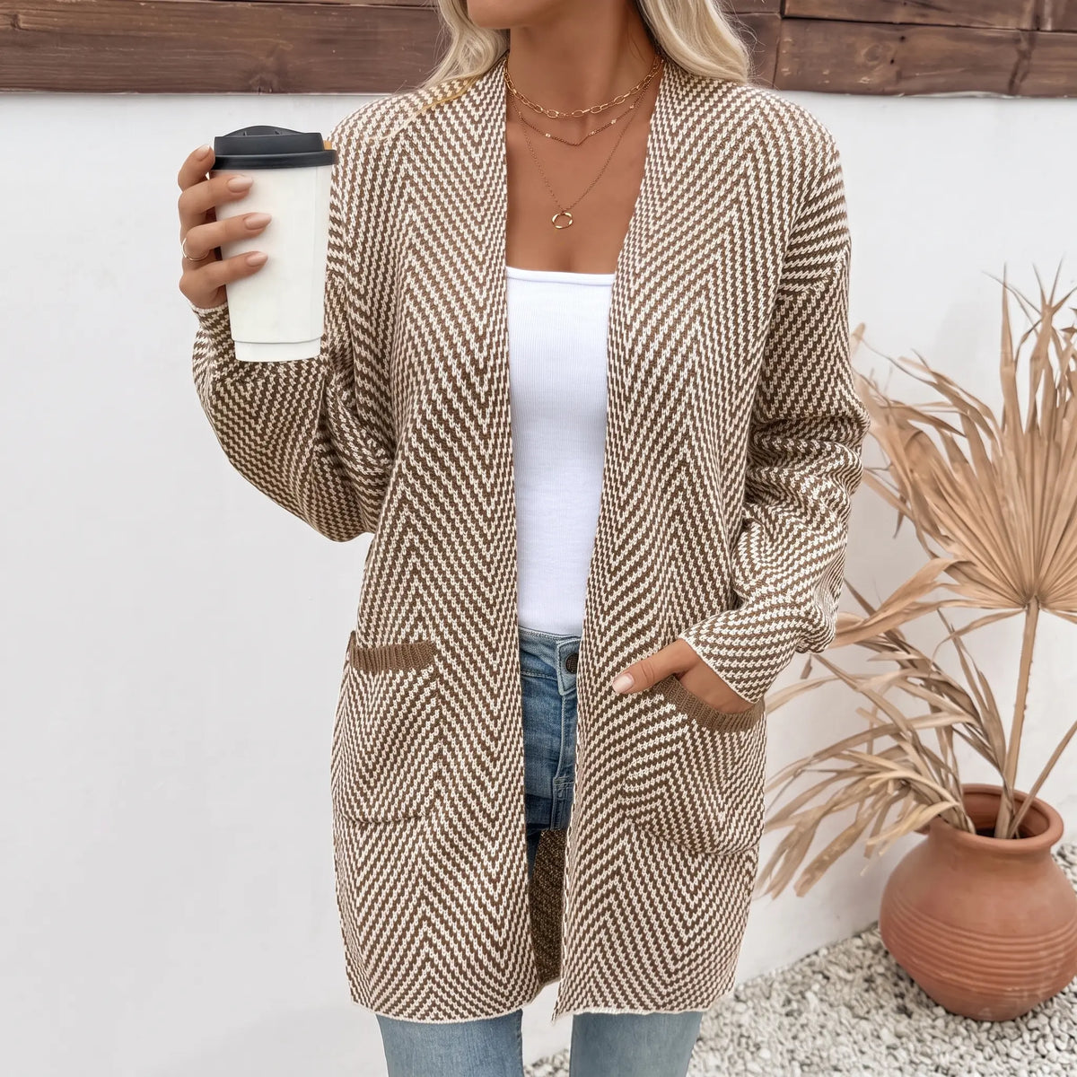 Women's Open Front Herringbone Cardigan Sweaters