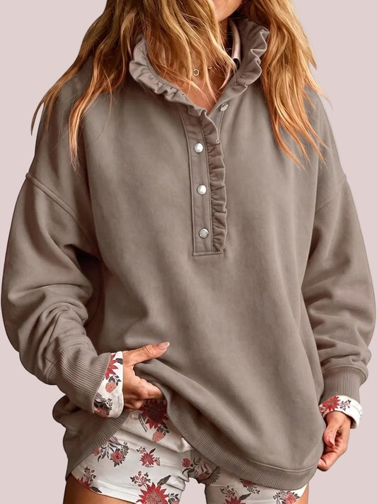 Limited time sale🔥Women's Ruffle Collar Henley Oversized Sweatshirt