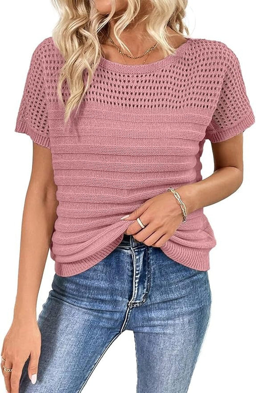 Women's Eyelet Hollow-Out Knit Short Sleeve Top 100% Cotton